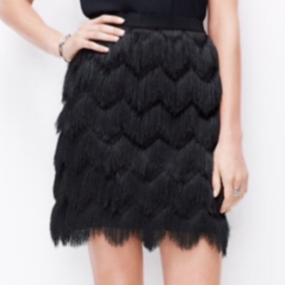 Ann Taylor Black Fringe Chevron Skirt Size 10 Black Textured Flapper Party